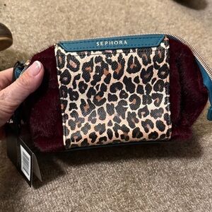 Sephora Leopard Print Cosmetic Bag with Burgundy and Teal